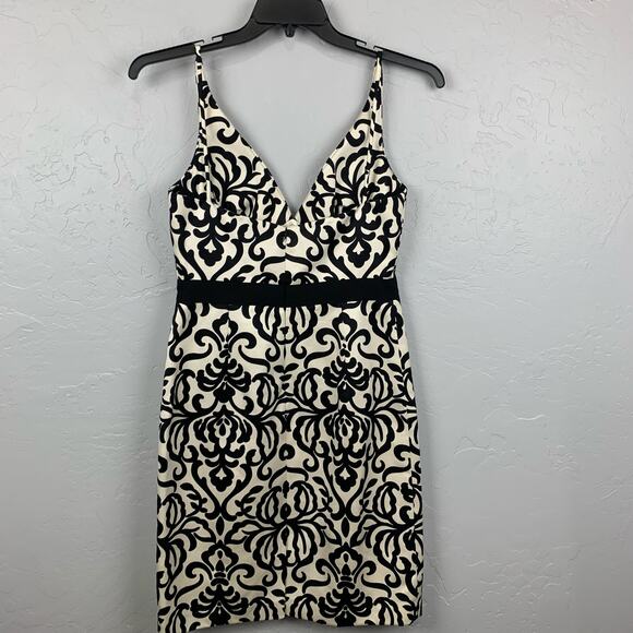 Milly of New York Damask Print Dress Size 6 Black Cream A Line Ribbon Trim - Picture 4 of 9